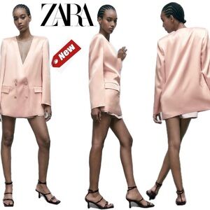 Zara peach pink satin effect oversized double breasted blazer jacket Sz S NWT